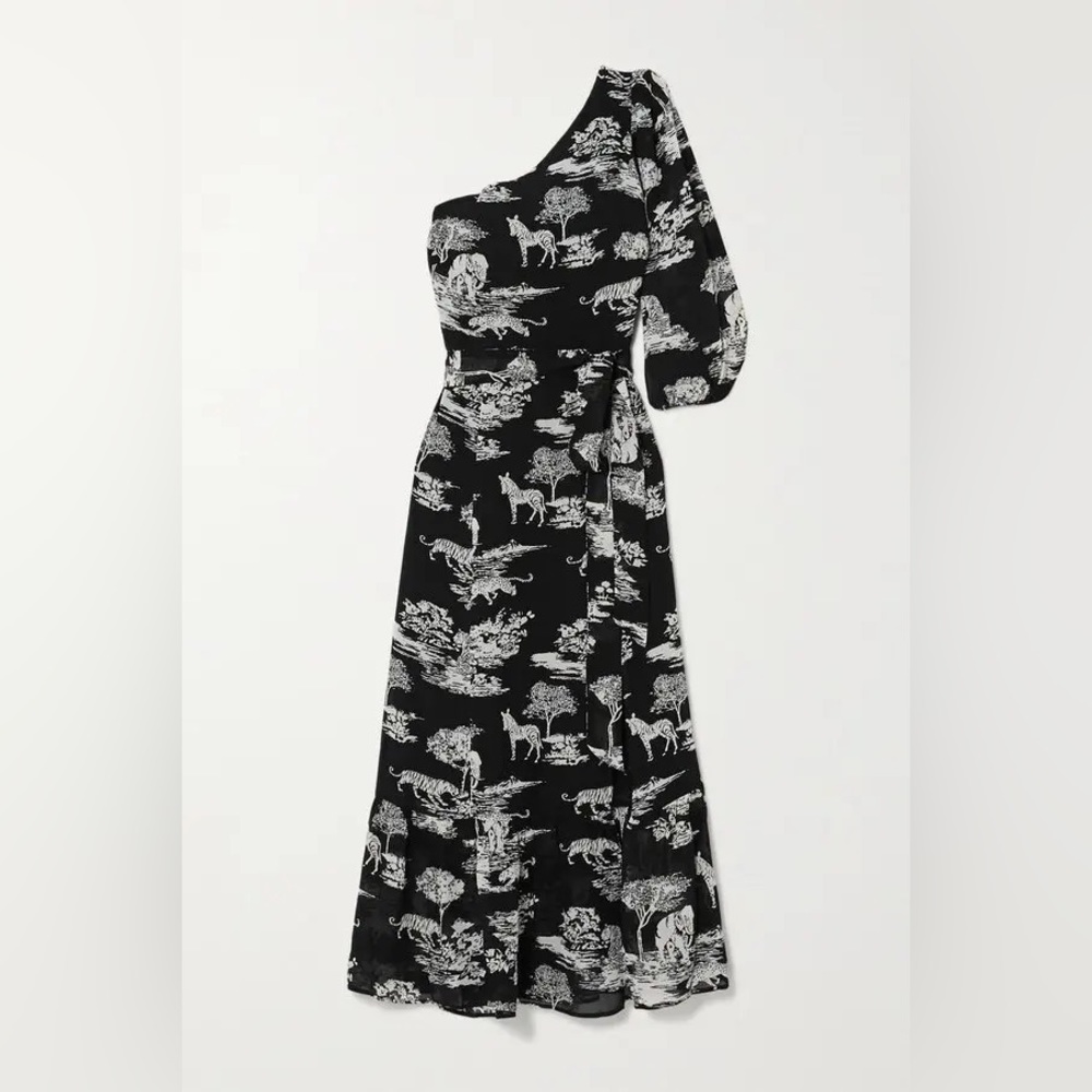 Reformation one-shoulder Freeport Dress Safari print